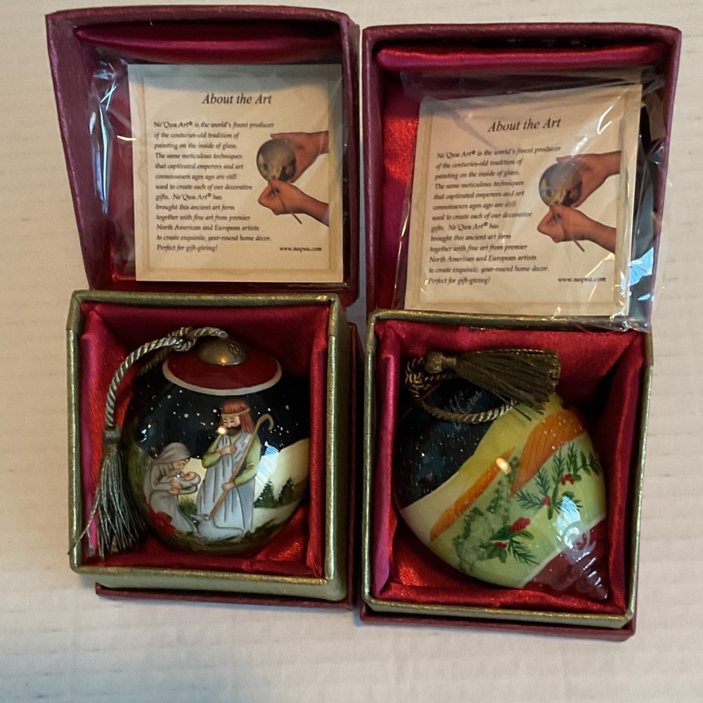 2 Ne’Qua Hand Painted Ornaments Heavenly Peace First Noel Precious Moments
